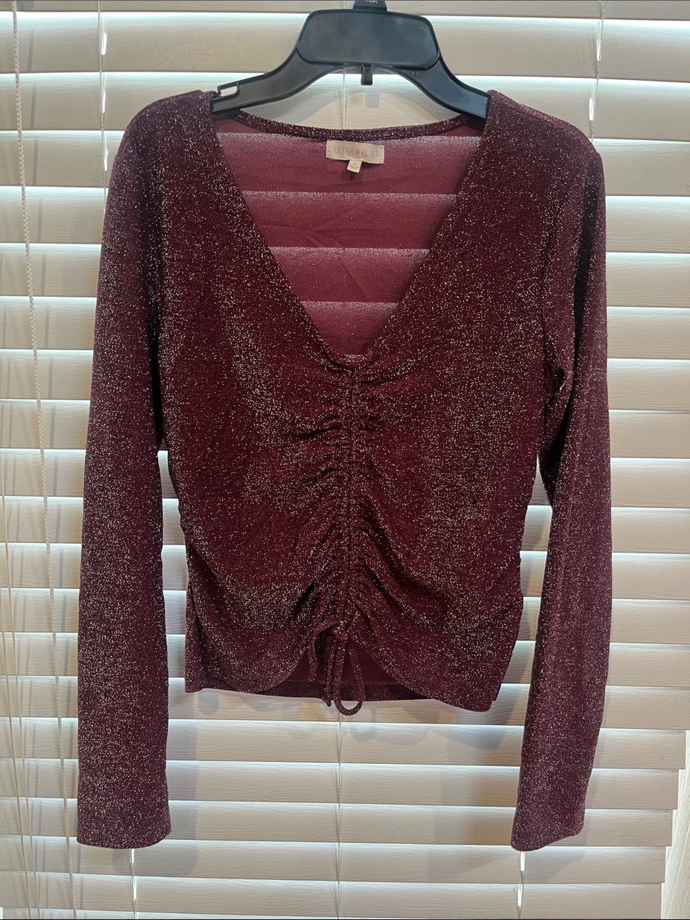 Ultra Flirt Glitter Ruched V-Neck Long Sleeve Top - Burgundy
